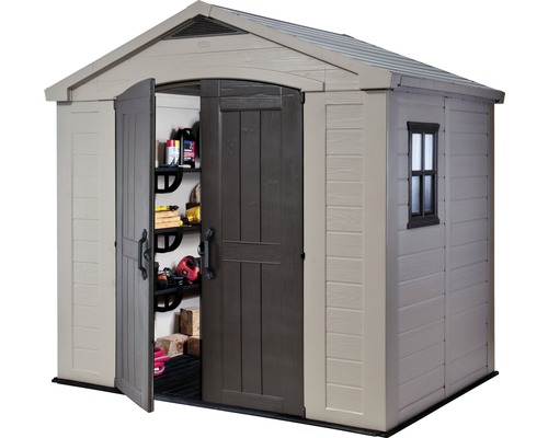 Căsuță de grădină cu ușă deschisă, raft și fereastră