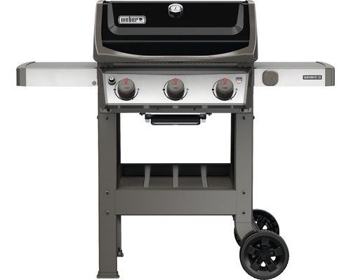 Grătar pe gaz Weber Spirit II E-310 GBS negru 3 arzătoare din oțel inoxidabil 8,79 kW suprafață de gătire 60x46 cm capabilitate iGrill incl. termometru, masă laterală rabatabilă, grătar menținere căldură, tavă de colectare grăsime, cârlige