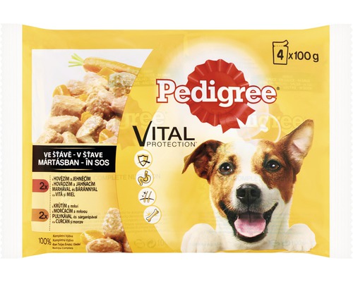 Hrană umedă pentru câini Pedigree Adult cu vită și miel/curcan și morcov în sos 4x100 g
