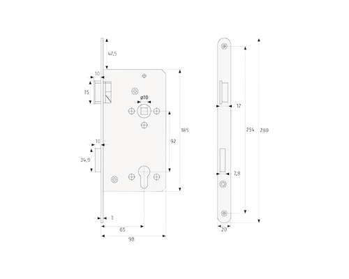Desen tehnic al unei încuietori încastrate cu dimensiuni
