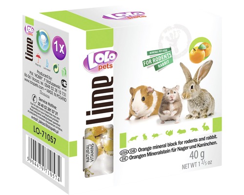 Calcar natural Lolo cu aromă de portocale pentru rozătoare, 40 g Lolo Pets Lime piatră minerală pentru rozătoare și iepuri, pachet de 40 de grame
