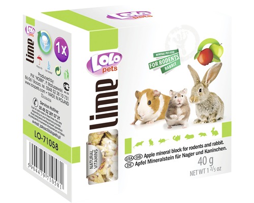 Calcar natural Lolo cu aromă de măr pentru rozătoare, 40 g Lolo Pets Lime bloc mineral cu mere pentru rozătoare și iepuri, 40 grame