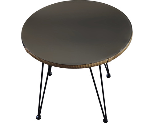 Măsuță laterală rotundă cu blat de sticlă și picioare metalice