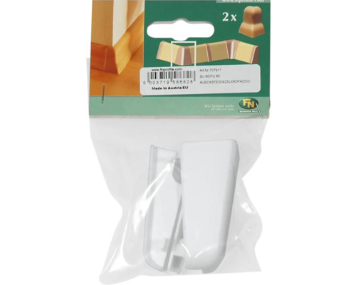 Set conectori colțar pentru plinte cu doi conectori colțar albi în ambalaj