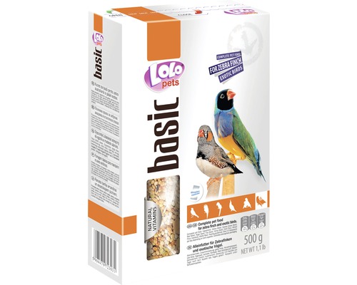 Hrană de bază pentru cintezoiul zebră, 500 g Lolo Pets Basic hrană completă pentru zebre și păsări exotice, pachet de 500 g