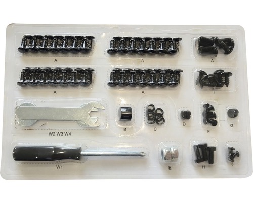 Sortiment de șuruburi, piulițe și unelte în ambalaj de plastic