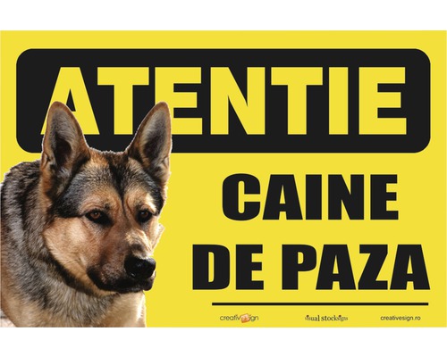 Panou de avertizare cu motiv câine de pază și textul ''Atenție câine de pază''