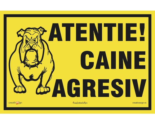 Placă de avertizare cu imaginea unui câine și textul Atenție! Câine agresiv