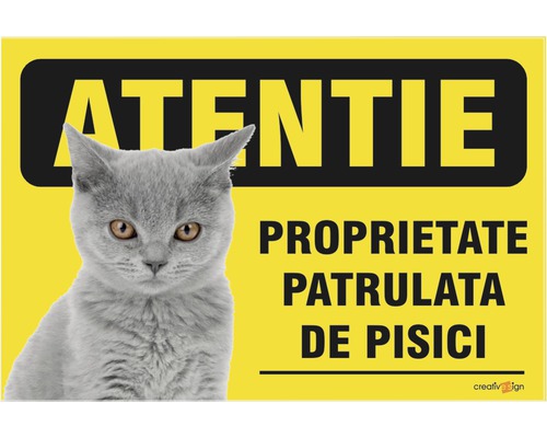 Panou de avertizare cu pisică: Atenție, proprietatea este patrulatată de pisici.