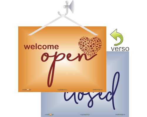 Indicator de ușă cu textul Bine ați venit și Deschise, plus Închis