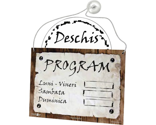 Panou cu textul Deschis și programul pentru a indica orele de deschidere.