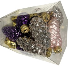 Conuri de brad multicolore ca decorațiuni de pom în recipient din plastic transparent