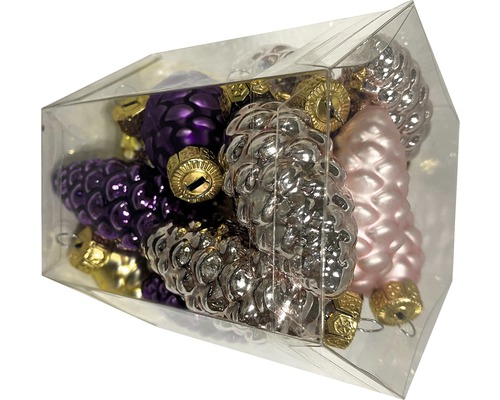 Conuri de brad multicolore ca decorațiuni de pom în recipient din plastic transparent