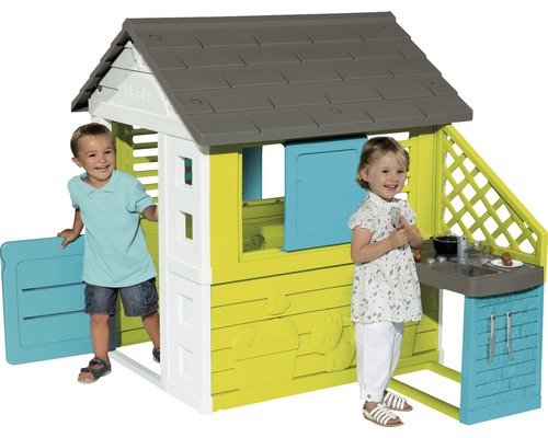 Căsuță de joacă pentru copii cu bucătărie și doi copii