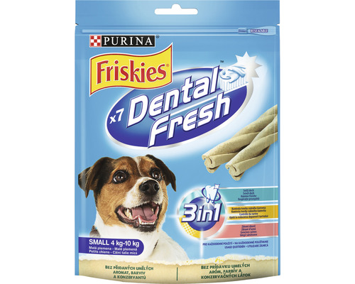Snack-uri pentru câini PURINA Dental Fresh 3în1 110 g Pachet de recompense dentare pentru câini de talie mică Friskies Dental Fresh