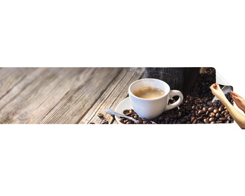 Imagine de perete cu motiv de cafea, ceașcă, boabe și masă din lemn