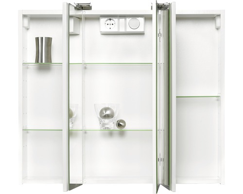 Dulap cu oglindă alb cu rafturi de sticlă, priză și întrerupător