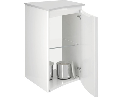 Dulap suspendat alb cu ușă deschisă și rafturi din sticlă