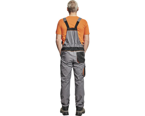 Vedere din spate a pantalonilor de lucru gri, tip salopetă, cu buzunare