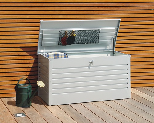 Ladă depozitare grădină Biohort 130 metal 134x62x71 cm gri 460 l argintiu Cutie de grădină metalică deschisă cu accesorii și stropitoare pe terasă