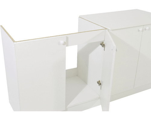 Dulap alb pentru lavoar cu uși deschise pentru baie