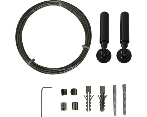 Set complet de agățare cu cablu de sârmă, două dispozitive de agățare, șuruburi, dibluri, cheie Allen și cleme pentru fixarea imaginilor