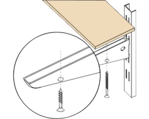 Imagine a unui sistem de rafturi cu suport de raft, șină de raft, șuruburi și un raft.