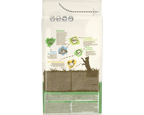 Spatele unui pachet de hrană pentru pisici cu informații despre ingrediente și beneficii