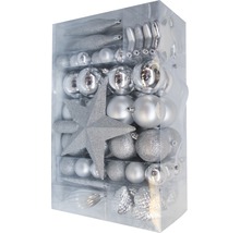 Set de decorațiuni pentru pomul de Crăciun cu stea, globuri și conuri în cutie transparentă