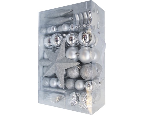 Set de decorațiuni pentru pomul de Crăciun cu stea, globuri și conuri în cutie transparentă
