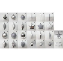 Globuri argintii de pom și set de decorațiuni pentru pom