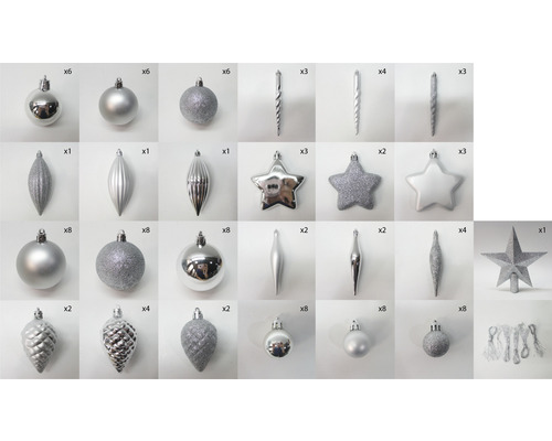 Globuri argintii de pom și set de decorațiuni pentru pom