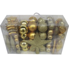 Set decorațiuni pentru bradul de Crăciun cu globuri, stele și picături în ambalaj transparent.