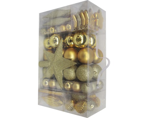 Set de decorațiuni pentru pomul de Crăciun cu globuri și stele în ambalaj transparent