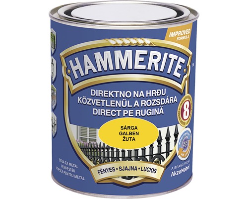 Email pentru metal Hammerite lucios, galben 0,75 l Cutie cu vopsea pentru metal Hammerite. Aplicare directă pe rugină.