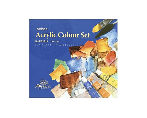 Set de culori acrilice pentru artiști Phoenix cu 18 tuburi de 12 ml, pensulă și cuțit de paletă