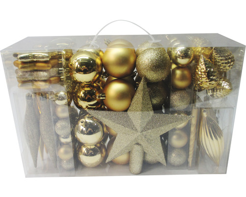 Asortiment de globuri aurii de pom de Crăciun și vârf de brad în ambalaj transparent