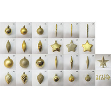 Diverse globuri de pom de Crăciun și ornamente de culoare aurie, în diferite forme și finisaje.