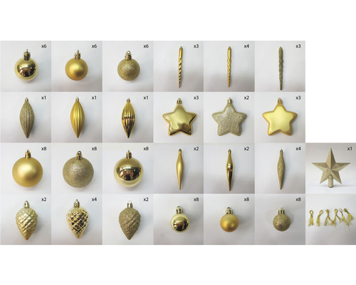 Diverse globuri de pom de Crăciun și ornamente de culoare aurie, în diferite forme și finisaje.