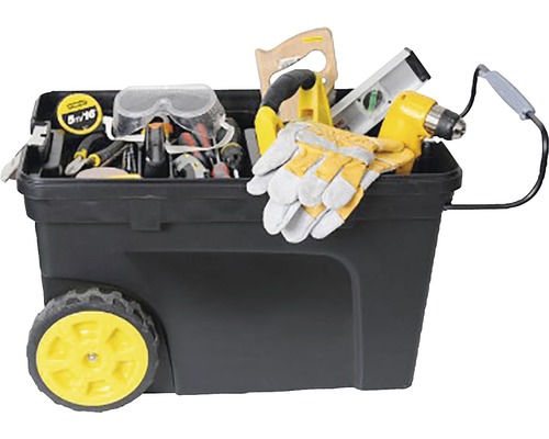 Cutie de scule cu scule precum ciocan, șurubelniță, ochelari de protecție, burghiu, nivelă și mănuși