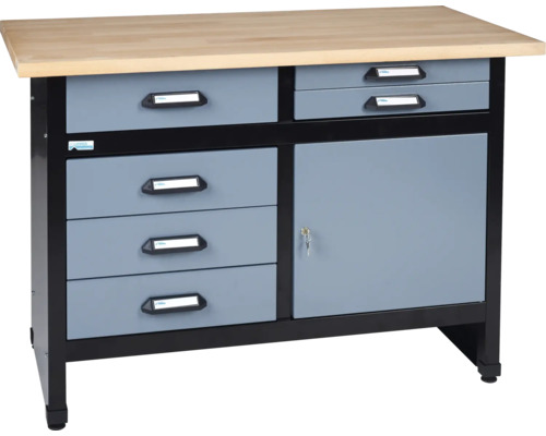 Banc de lucru Küpper 1200mm, cu 1 ușă și 6 sertare, grosime blat de lemn 3cm Banc de lucru cu sertare și ușă