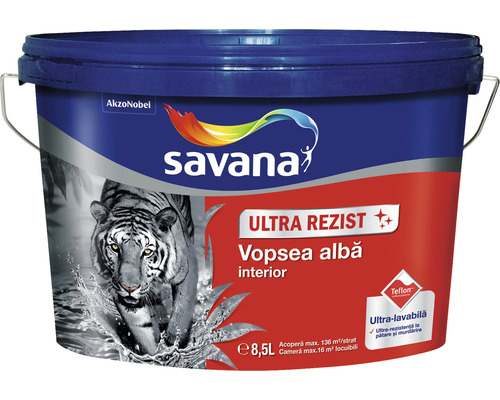 Vopsea lavabilă pentru interior Savana Ultra Rezist albă 8,5 l Recipient cu vopsea de interior Savana Ultra Rezist cu imagine cu tigru