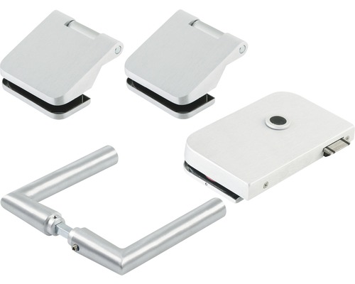 Set de feronerie pentru uși de sticlă cu mâner, broască și două balamale pentru uși