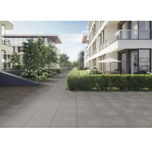 Exterior cu gresie, blocuri de locuințe și plantații