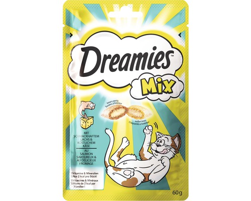 Snack pentru pisici Dreamies Mix somon cu brânză Dreamies Mix recompense pentru pisici cu somon și brânză în ambalaj de 60 de grame
