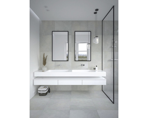 Baie modernă cu lavoar dublu, două oglinzi și cabină de duș