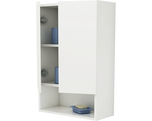 Dulap suspendat alb cu rafturi și compartiment de depozitare deschis