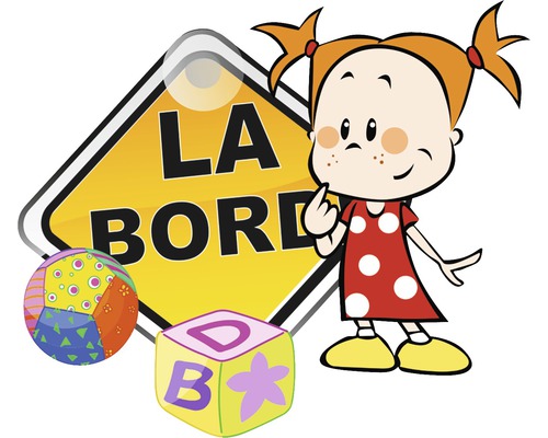 Ilustrație cu un copil, un semn cu textul La Bord și jucării