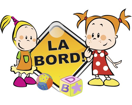 Ilustrație cu două personaje de desene animate, o minge și un cub de joc cu textul ''LA BORD!''