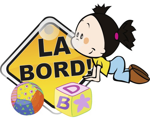 Ilustrație cu un copil cu jucării și un indicator de avertizare cu inscripția La Bord